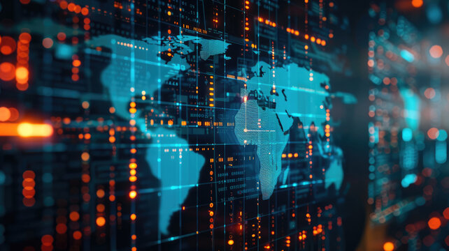 Digital world map combined with server rooms. Background for technologies. Server rooms.