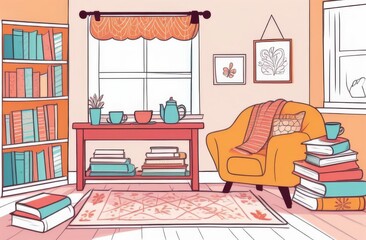 Cozy coffee corner with books and warm blanket illustration