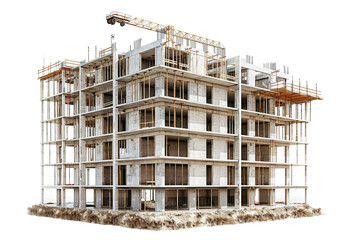 Modern concrete building structure under construction isolated on transparent background