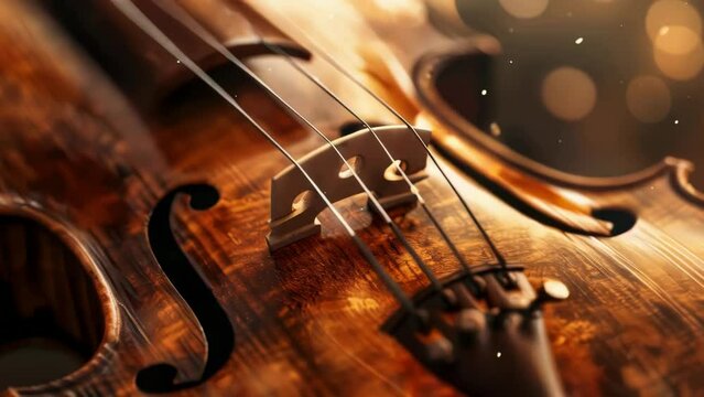 A close up of a violin with a wooden body and a brown neck