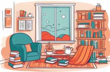 Cozy coffee corner with books and warm blanket illustration