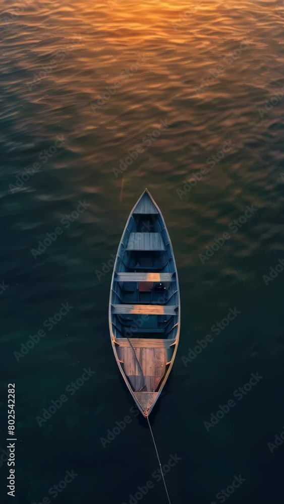 Poster a boat is floating on the water with the sun setting in the background