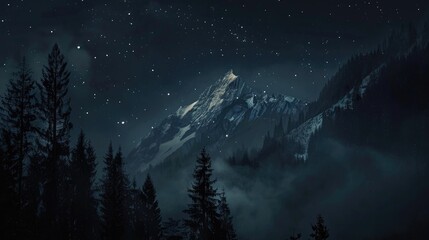 Swiss night sky with foggy mountain