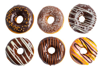 A collection of sweet donuts with predominantly chocolate toppings. Sweet donuts that you can eat with children. A set of sweet donuts with a transparent background.