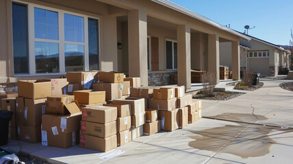 Photo of Tons of boxes on front porch of a stucco tract home.