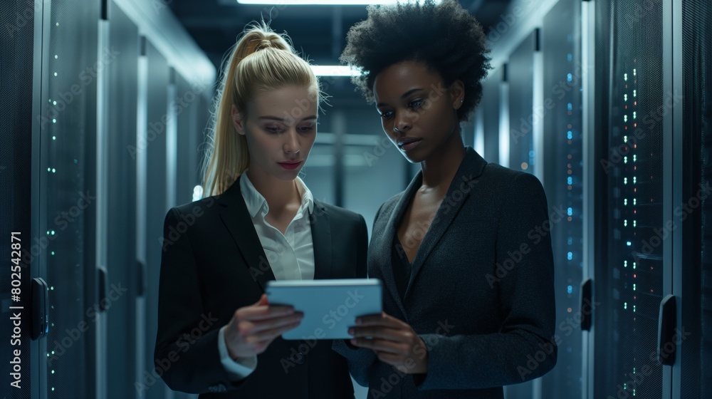 Aufkleber Two female IoT specialists in the data center work together as a team to develop and implement data security measures, ensuring the reliability and confidentiality of information on the network. High