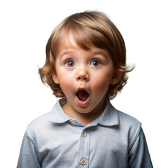 Surprised Young Boy in Blue Shirt With Wide Eyes and Open Mouth on transparent background