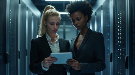 Two female IoT specialists in the data center work together as a team to develop and implement data security measures, ensuring the reliability and confidentiality of information on the network. High