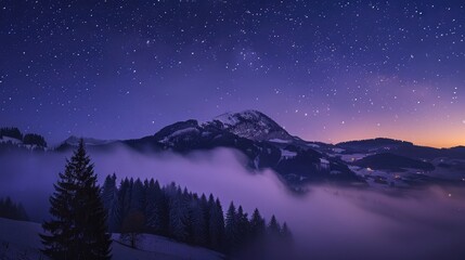 Fototapeta premium Swiss night sky with foggy mountain
