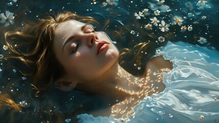 cute girl sleeping in the water with flowers. Created with generative AI.
