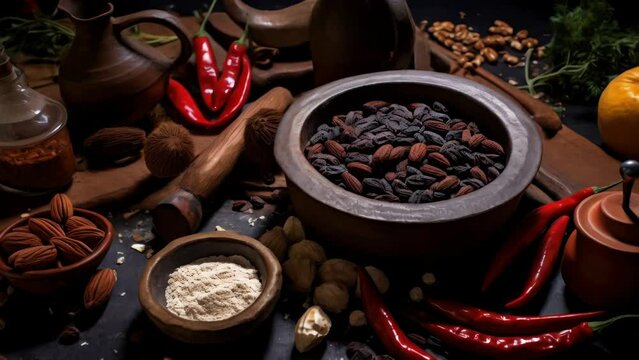 A bowl of nuts and spices is on a table
