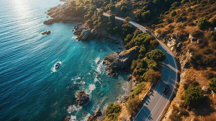 AERIAL: car on a beautiful coastal road. Created with Generative AI.