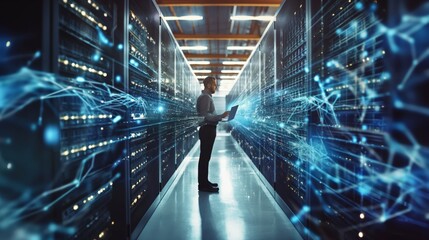 A businessman in a data center is actively exploring new technologies and methods of data analysis to develop innovative strategies for security and storing information in cloud storage. Futuristic