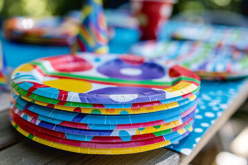 A stack of colorful party plates with matching napkins.