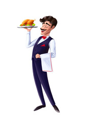 cartoon character  waiter, restaurant staff in the uniform, catering service. Isolated illustration