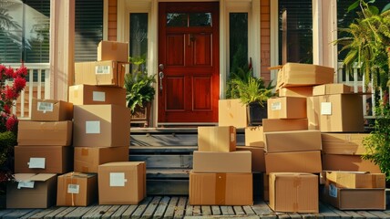 Photo of Tons of boxes on front porch of a stucco tract home.