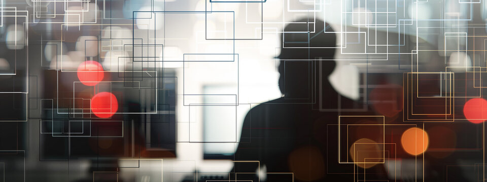 Captivating sight of an IT programmer lost in a digital labyrinth, navigating code on a laptop in an abstract landscape. It could also be a hacker, who knows?