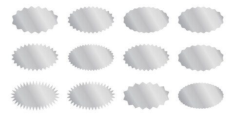 Set of silver oval stickers with wavy and zigzag borders. Shining labels, badges, price tags, coupons with curved and jagged edges isolated on white background. Vector illustration.