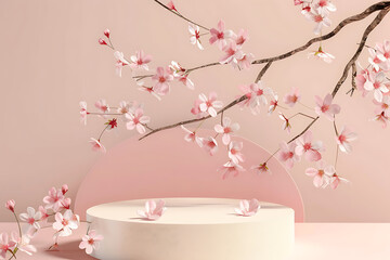 Podium with flowers on a romantic background of clouds. Pastel and pink colors.