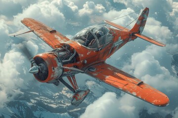 A red aircraft soars through clouds in the vast sky