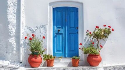 The beautiful blue door of a traditional Greek house in Santorini, surrounded by white walls and red pots. The light is beautiful, with vibrant colors, sharp focus, and stunning details.