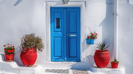 The beautiful blue door of a traditional Greek house in Santorini, surrounded by white walls and red pots. The light is beautiful, with vibrant colors, sharp focus, and stunning details.