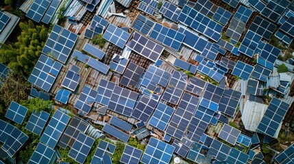 The environmental concept pile of solar cell panels at junkyard