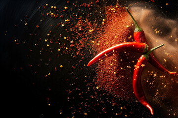raw red chilly and powder burst isolated on black background, close up. High quality photo