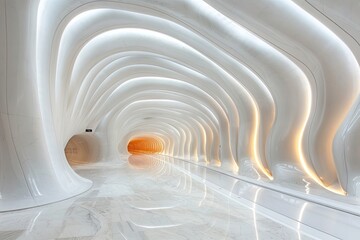 Obraz premium Sleek Aerodynamic Hyperloop Station: Luminous Pathways and Curvaceous Architecture