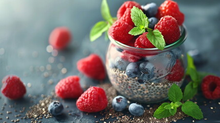 Chia seed pudding with almond milk, berries, and honey in a glass jar.