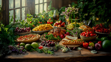 Realistic fresh food product photograph, season vegetables of sales in a rustic old shop