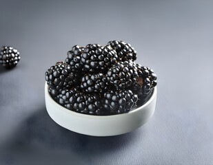 Bowl with fresh ripe blackberries on grey background. Fruits and summer berries illustration