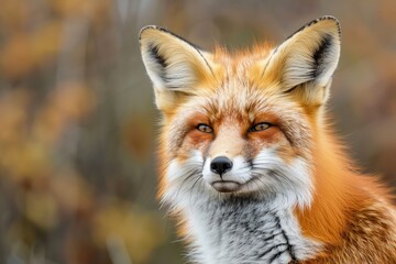 A fox is sitting in the woods and looking at the camera. The image has a warm and inviting mood, with the fox's bright orange fur and the natural surroundings