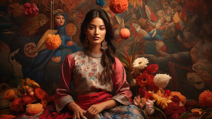 A woman is sitting in front of a painting of a woman with flowers
