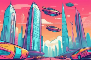 Futuristic cityscape with flying cars and tall skyscrapers