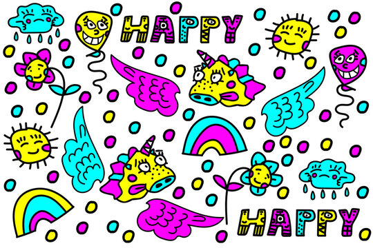 Happy colors rainbow, unicorn, cloud, rain, wings, sun, flower, balloon, neon, kids, shiny, sunny. funny. Seamless vector pattern for design and decoration.