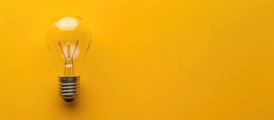 Top view of LED light bulb on a yellow background with empty space for text, symbolizing the concept of creativity, photographed from directly overhead.