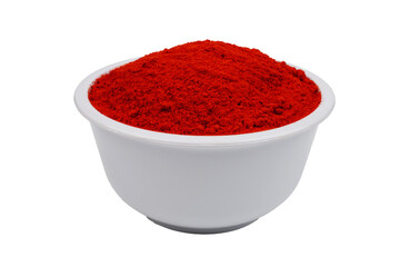 A white bowl full of ground chili pepper isolated transparent