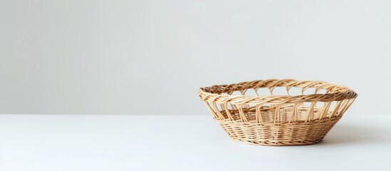 Fototapeta premium Vintage wicker basket shaped like a bowl on a white background with empty space for text.