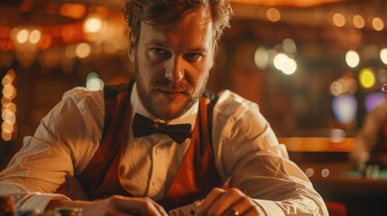 Casino dealer man, In professional dealer attire, dealing card