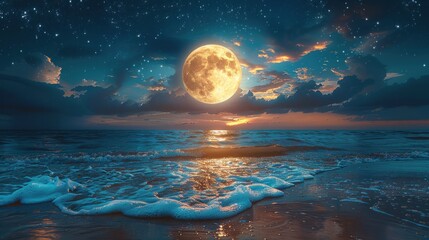 Full moon at night over the sea with ocean waves on isolated sandy beach