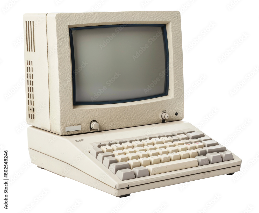 Poster vintage beige computer with crt monitor and keyboard isolated on transparent background