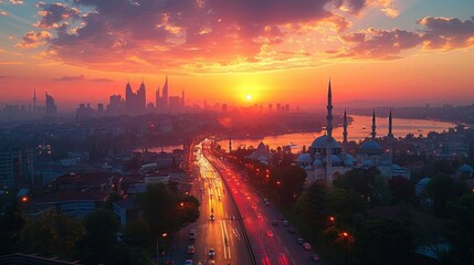 Stunning Sunset Over Istanbul's Skyline and Busy Streets