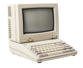 Vintage beige computer with CRT monitor and keyboard isolated on transparent background