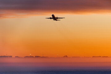 Obraz premium The plane is landing at dawn in heavy fog in winter