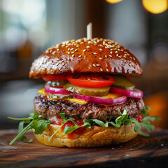 Gourmet Burger with Fresh Ingredients on Wooden Board
