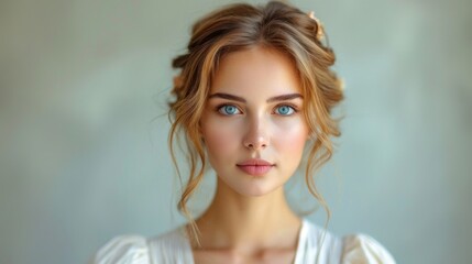 Naklejka premium Elegant Young Woman with Blue Eyes and Soft Curls on a Light Background