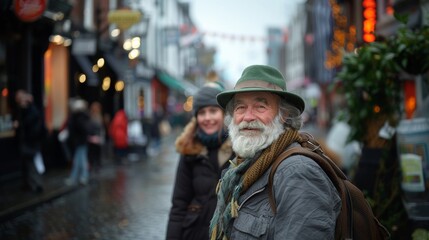 Saint Patrick's Day in Temple Bar: Senior Man with Green Hat and Smiling Woman in Urban Setting