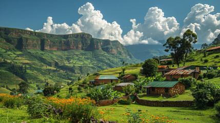 Idyllic Rural Landscape in Eswatini: Lush Green Valleys and Traditional Homes