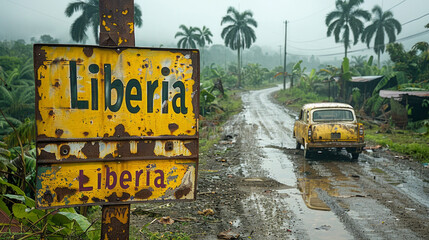 Obraz premium Old Yellow Taxi on a Muddy Road in Liberia During a Rainy Day